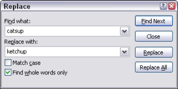 Figure 4-14: Use the powerful Replace command to find and replace text.